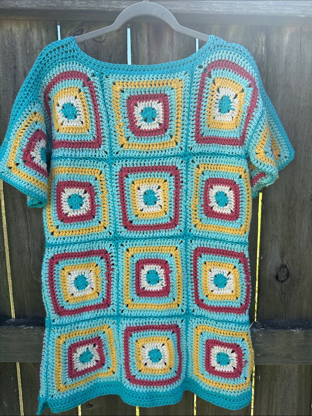 Boho Crochet Granny Square Short Sleeve Top Turquoise Blue, Size S/M